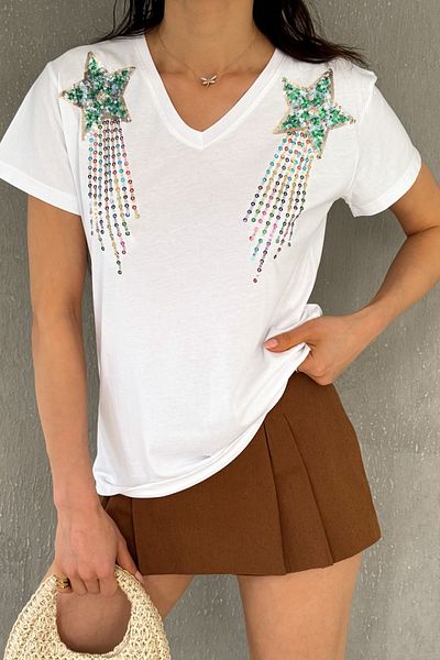 FEMELLE Women's White V-Neck Shoulders Star Sequin Sequin Embroidered 100% Cotton T-Shirt