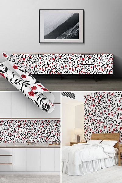 Dekoros Black Red Flower Pattern Adhesive Foil, Water Resistant Decorative Sticker Coating 45x500cm 0816