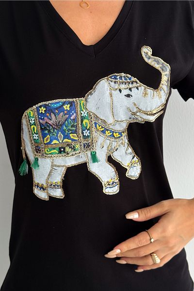 FEMELLE Tricou negru pentru femei, cu decolteu în V, elefant, cu paiete, brodat cu ciucuri, 100% bumbac