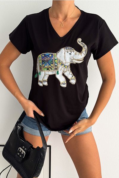 FEMELLE Tricou negru pentru femei, cu decolteu în V, elefant, cu paiete, brodat cu ciucuri, 100% bumbac