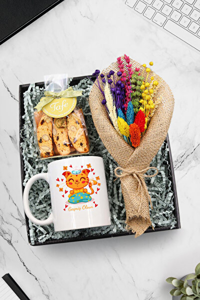 Trendmiya Kedili Geçmiş Olsun Kupa & Kurutulmuş Çiçek Buketi & Bademli Kurabi...