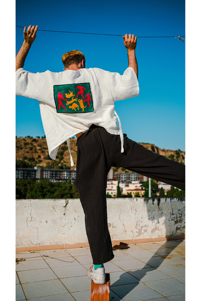 melongeneco Cats Are Dancing Beyaz Müslin Boho Handmade Boya Kimono Hırka