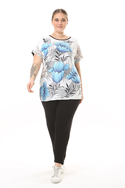 XL Modam WOMEN'S LARGE SIZE BLUE DIGITAL PRINTED LYCRAL WHITE TUNIC