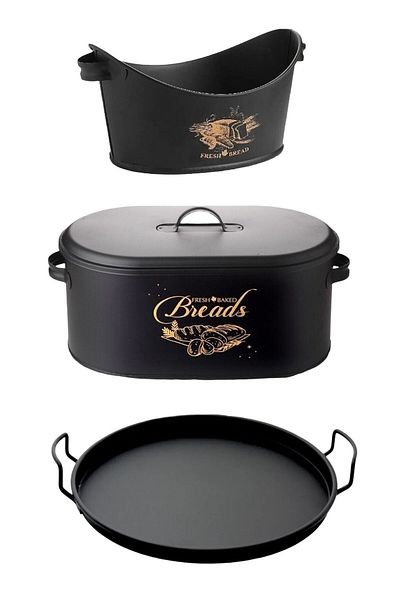 TOPTANFONİ Set of 3 Metal Covered Bread Bowl, Metal Tray and Tableware Bread Bowl BLACK