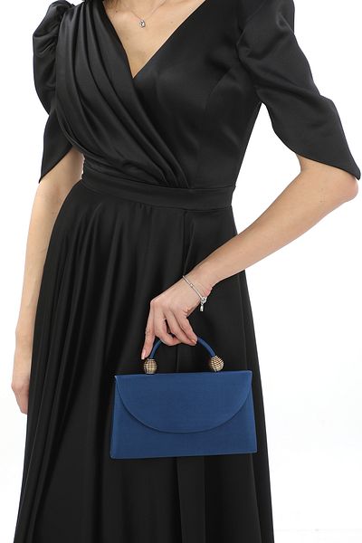 womenacs Rochie de seară din țesătură satinată de culoare albastru bleumarin Geantă pentru femei pentru mână și curea lungă (curea cu lanț)