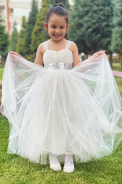 Asortik Kids فستان سهرة أبيض بناتي فستان زفاف لعمر 3-12 سنة