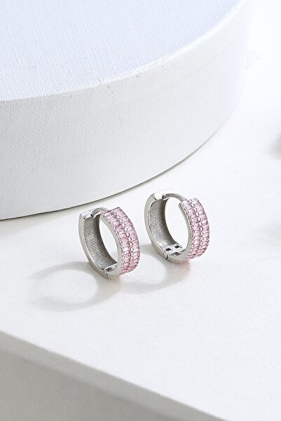 MySilvers Çift Sıra Pembe Quartz Baget Taşlı Küpe