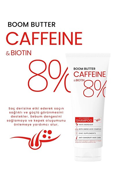 BOOM BUTTER Caffeine Biotine Yavaş Uzayan Kepeklenen Saçlar için Şampuan 250 ML