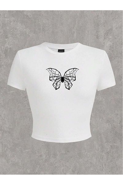 Bengi Clothing Top crop alb cu mânecă scurtă imprimat în stil Y2K