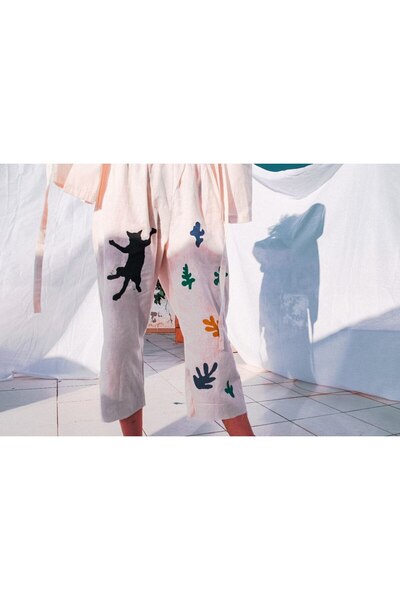 melongeneco Keten Kumaş Cats Dancing Handmade Boya Boho Rahat Yoga Pantolon