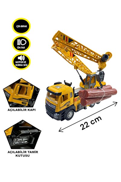 YILDIRIM OYUNCAK Çek Bırak Işıklı ve Sesli 1:28 Kamyon Kule Vinç 22 cm İnşaat...