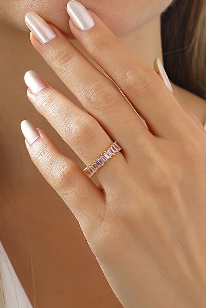 MySilvers Baget Taşlı Pembe Quartz Tamtur Yüzük