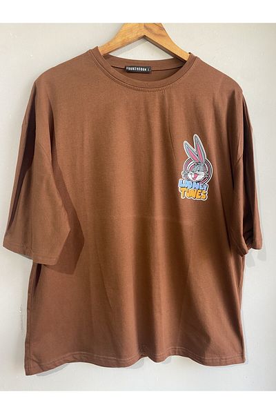 MartinoButik Men's Brown Looney Tunes Printed Oversize T-shirt