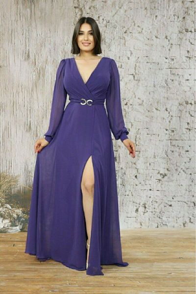FaBe Fashion Croissant Collar Long Sleeve Waist Buckle Slit Chiffon NIKAH AND OUTShoot Evening Dress