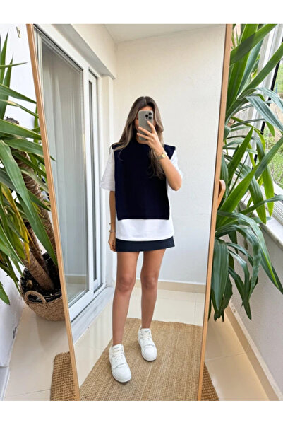 My Blog Dámská blůza s detailem pleteného svetru ekvivalentní námořnické modré