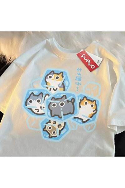 Gofeel Tech Y2k Cat in Ice Cube Printed White Unisex Oversize T-shirt
