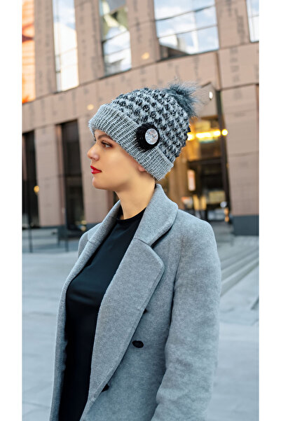 drt tasarım قبعة بيريه رمادية داكنة للنساء مع زخرفة منقوش بوم بوم DRT-BEAN-0015