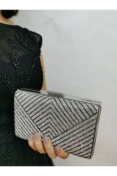 NAZART Rochie de seara de dama Silver Stone Clutch Portofoliu Hand Night Geanta de logodna de nunta