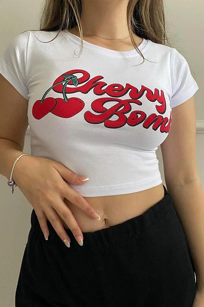 Gofeel Y2k Tech White Cherry Bomb Printed Crop