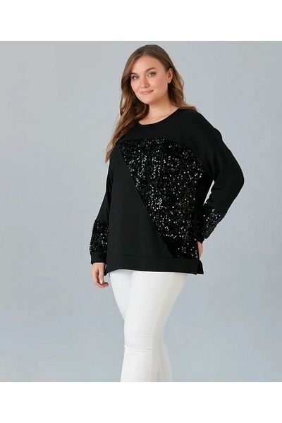 Te&Te Women's Plus Size Blouse with Shiny Sequin Detail on the Front and Sleeves