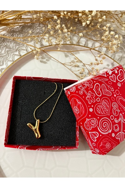 ZERDE Gold Colored Balloon Model Bubble Letter Necklace - Letter Y