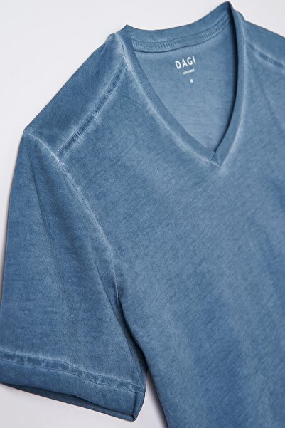 Dagi Blue V-Neck Cotton Acid Wash T-shirt