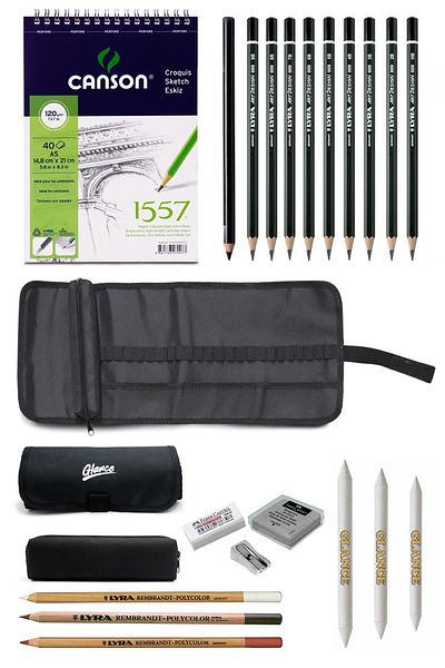 GLANCE Canson 1557 A5 Sketch Notebook Lyra Art Design Professional Charcoal Sketch Drawing Set with Roll Bag