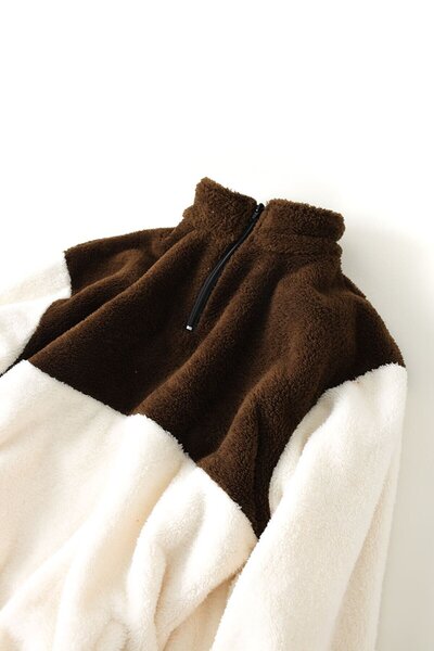 No Plan Мъжки плюшен суитшърт с половин цип, голям размер - бял/кафяв