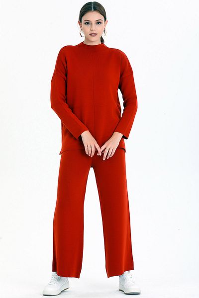 ALCHON Stand Collar Stripe Detailed Short Front Long Back Sweater Elastic Waist Straight Leg Trousers Double Knitwear Set