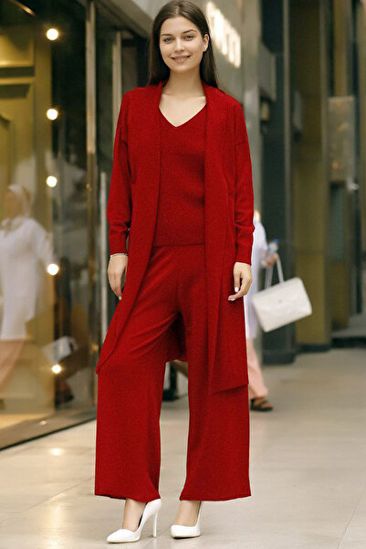 ALCHON V-Neck Ribbed Tank Top U Long Sleeve Pocket Cardigan Elastic Waist Straight Leg Trousers Knitwear Triple Set
