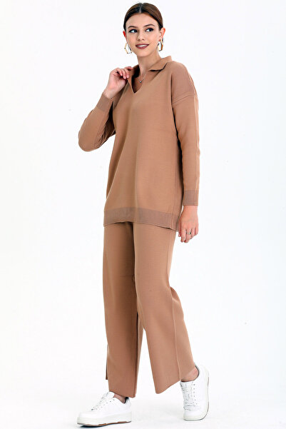 ALCHON سترة بأكمام طويلة ورقبة بولو على شكل حرف V وخصر مطاطي وبنطلون بأرجل مس...