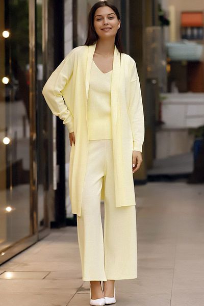 ALCHON V-Neck Ribbed Tank Top U Long Sleeve Pocket Cardigan Elastic Waist Straight Leg Trousers Knitwear Triple Set