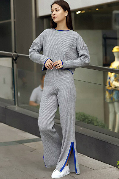 ALCHON Короткий светр з круглим коміром, смугастим візерунком, еластичним поясом і штанинами з розрізом, комплект з двох трикотажних виробів