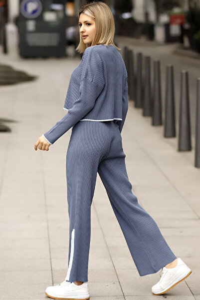 ALCHON Pulover scurt cu dungi cu gât rotund Pantaloni cu fante cu talie elastică Set tricotaj dublu