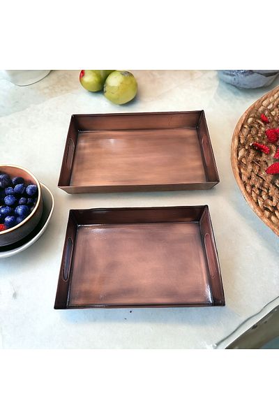 LUCKYHOMES 2 Piece Country Style Rectangular Copper Plated Presentation Tray with Self Handles