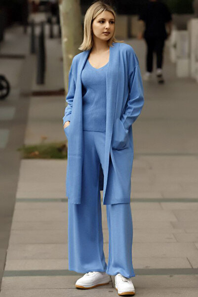 ALCHON Tricot cu decolteu în V cu nervuri Cardigan cu mânecă lungă și buzunar, cu talie elastică, pantaloni cu picior drept, tricotaje Set triplu