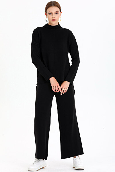 ALCHON Állványgallér csíkos részletes elöl rövid hátul hosszú pulóver elasztikus derék, egyenes szárú nadrág, kétrészes kötöttáru szett