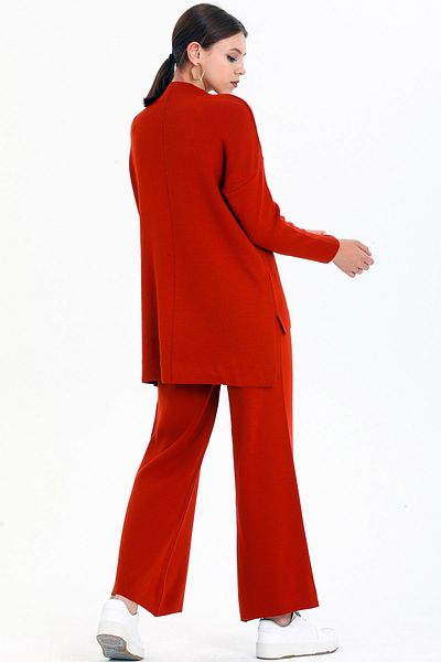 ALCHON Stand Collar Stripe Detailed Short Front Long Back Sweater Elastic Waist Straight Leg Trousers Double Knitwear Set