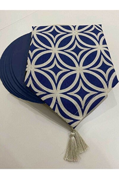 HALFART Lacivert Rita Desenli Duck Keten Runner ve 6 Adet Lacivert Keten Supla Seti