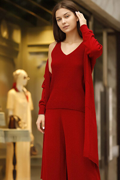 ALCHON V Yaka Fitilli Askılı Atlet U Uzun Kol Cepli Hırka Beli Lastikli Düz Paça Pantolon Triko Üçlü Takım