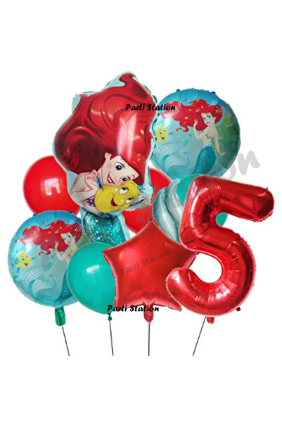 Parti Station Deniz Kızı Ariel 5 Yaş Kırmızı Renk Balon Set Little Mermaid Ba...