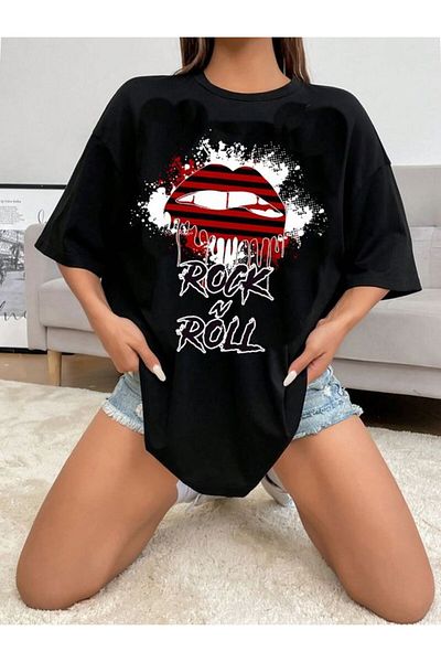 Vordevia Μπλουζάκι Rock'n Roll με εμπριμέ μαύρο oversize