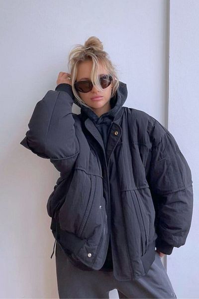FMN Moda Women's piece stitching detail lined pinterest oversize loose-fitting equivalent pocket bomber coat jacket