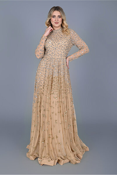 GATSBYLADY LONDON AMİRA - EL İŞLEMELİ , TAŞEL DETAYLI KİLOŞ ELBİSE