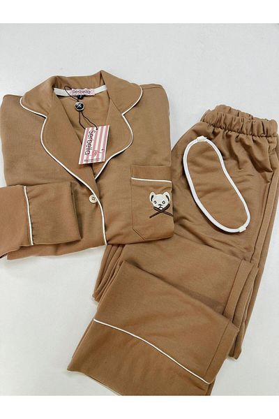 Serbella Brown Teddy Bear Embroidered Long Sleeve Pajama Set