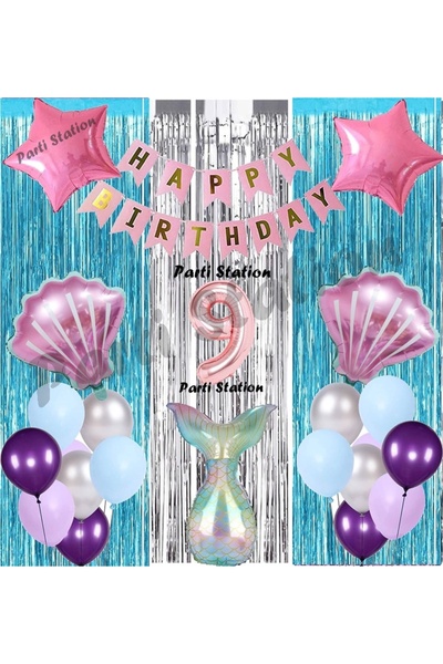 Parti Station Deniz Kızı 9 Yaş Doğum Günü Konsept Balon Set Mermaid Balloon S...