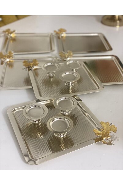 Elzemm store 2 Model 6 Gümüş Kare Tepsi Ve 6 Gümüş Makaronluk