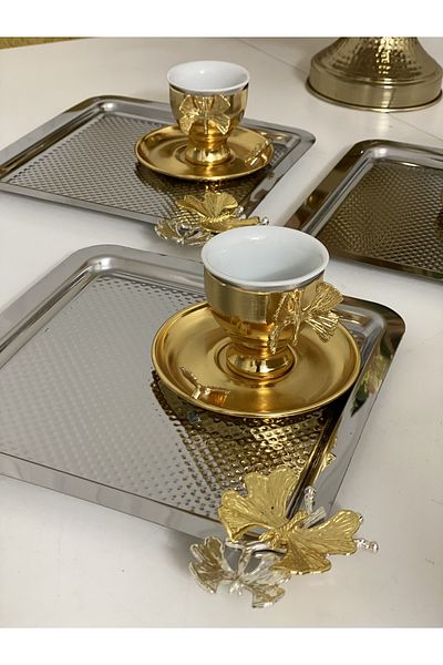 Elzemm store STAINLESS STEEL 6-PIECE SQUARE DOT PATTERNED SERVICE AND PRESENTATION TRAY WITH BUTTERFLY