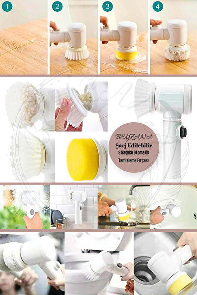 BEYZANA Şarjlı 3 Başlıklı Otomatik Temizleme Fırçası | Otomatik Tuvalet Lavab...