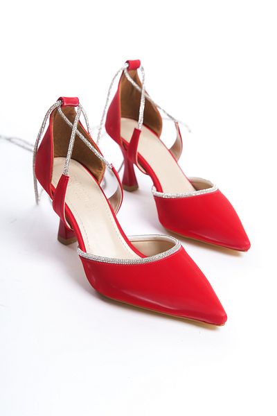 ZİESCE RED EXCLUSIVE VACUUM ANKLE TIE STONE DETAIL HEELED STILETTO SHOES